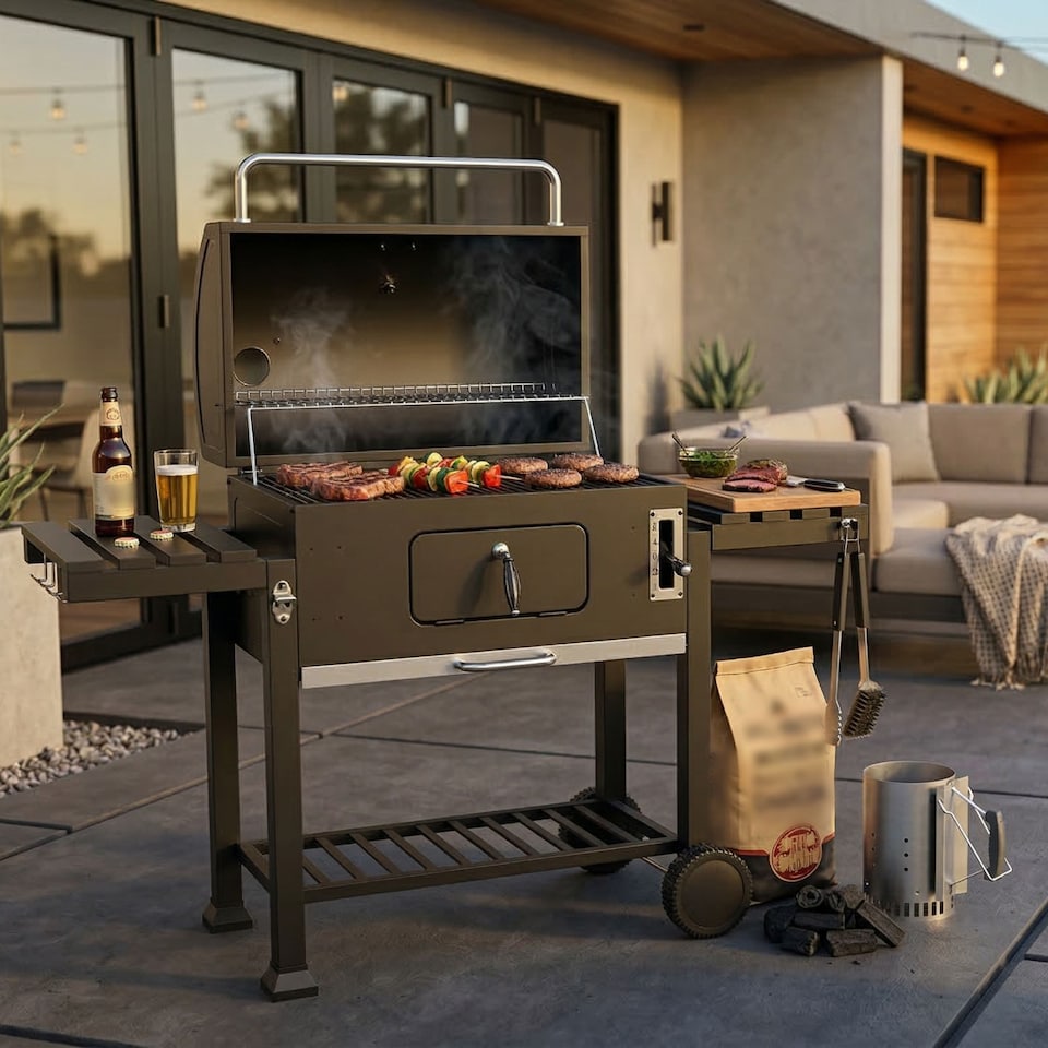 image 1 of Woodland Grill Heavy Duty Charcoal BBQ Grill with Foldable Side Shelves, Black - OC01CBQ5032 | Black | 1