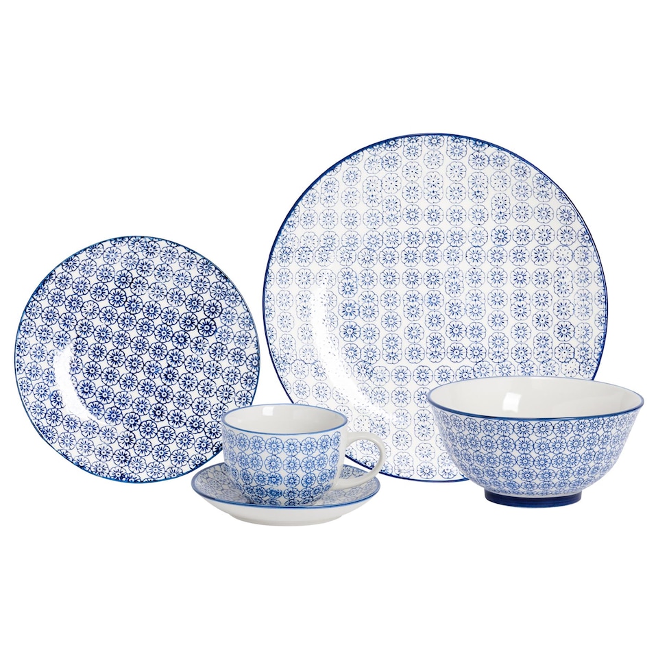 image 1 of Nicola Spring Hand-Printed Rice Bowls - 12cm - Blue - Pack of 6 | Blue | Multi-Coloured