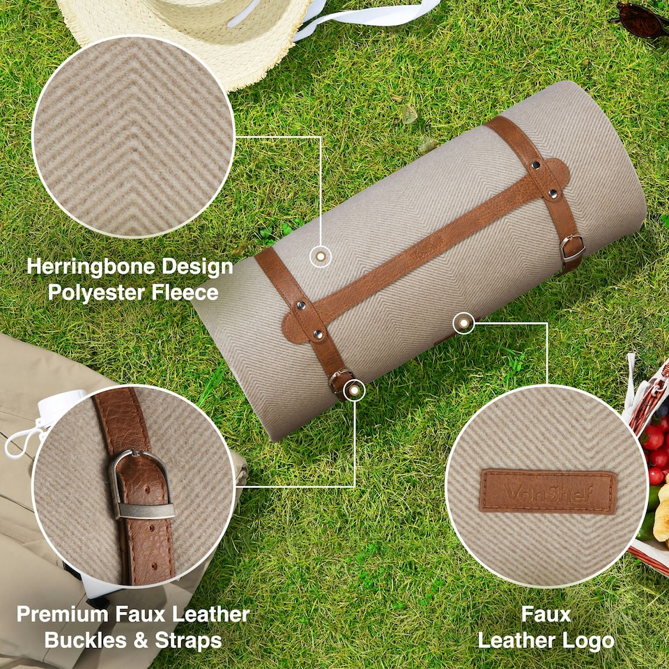 image 1 of VonShef Picnic Blanket XL Beige Herringbone for Outdoors