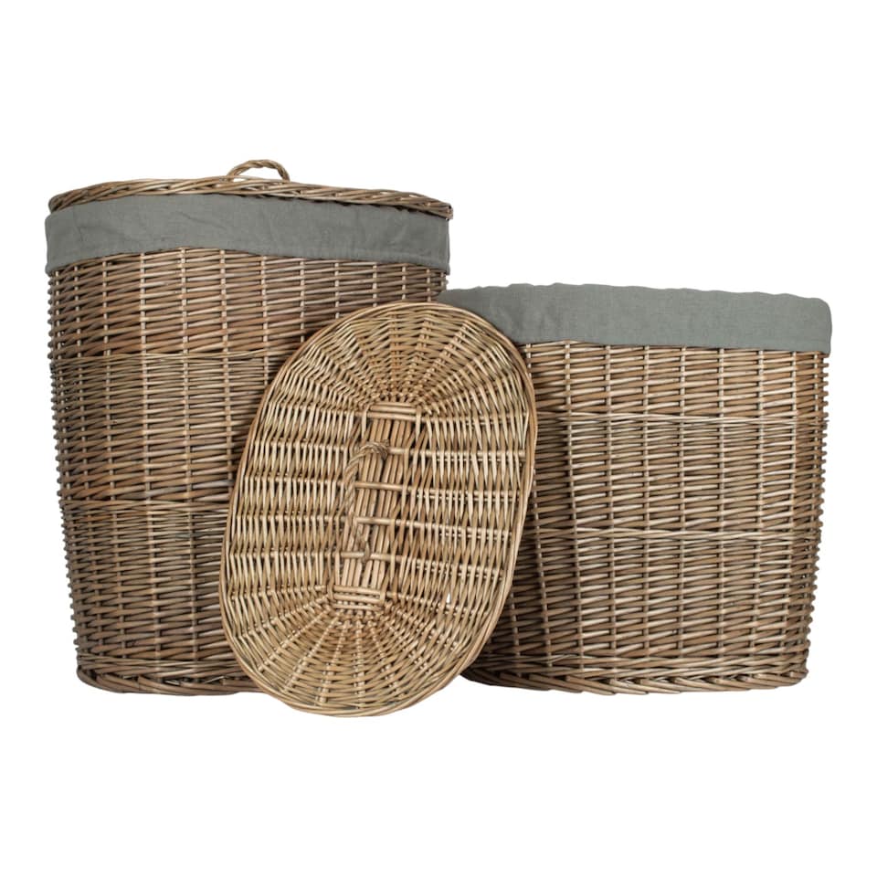 image 1 of Set of 2 Antique Wash Grey Cotton Lined Oval Willow Laundry Basket