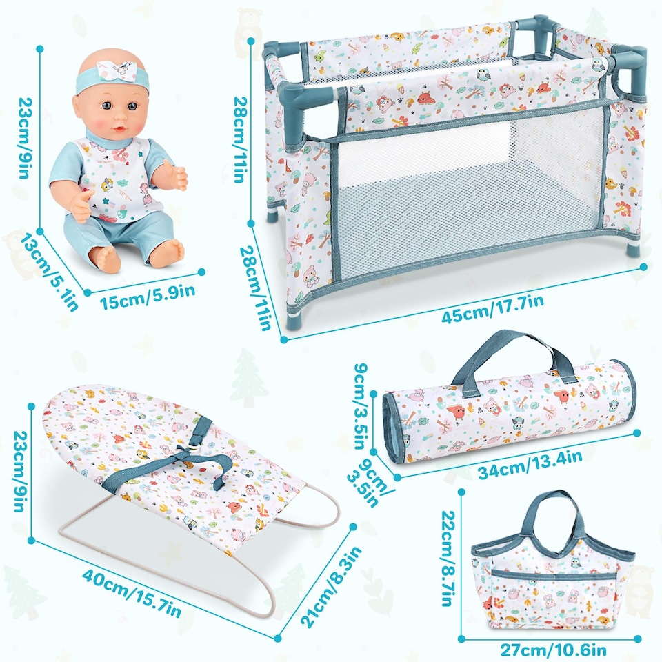image 1 of 4‑in‑1 Baby Doll Playset – 12" Baby Doll with Crib, Rocking Chair, Storage Bags & Nursery Accessories – Pretend Play Baby Care Toy for Kids Ages 3+
