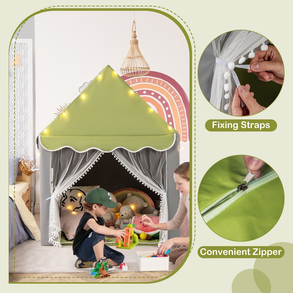 image 1 of COSTWAY Kids Playhouse Tent w/ Washable Mat & Star Lights-Green
