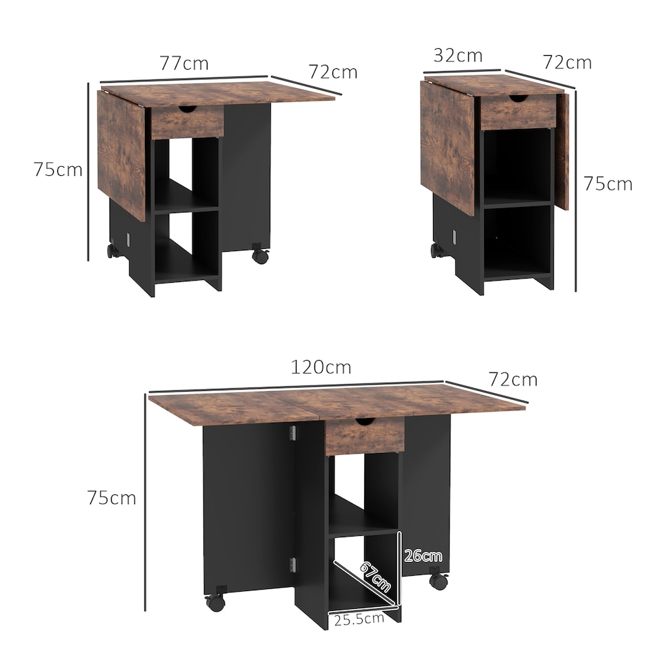 image 1 of HOMCOM Foldable Dining Table, Drop Leaf Table with Storage, Rustic Brown