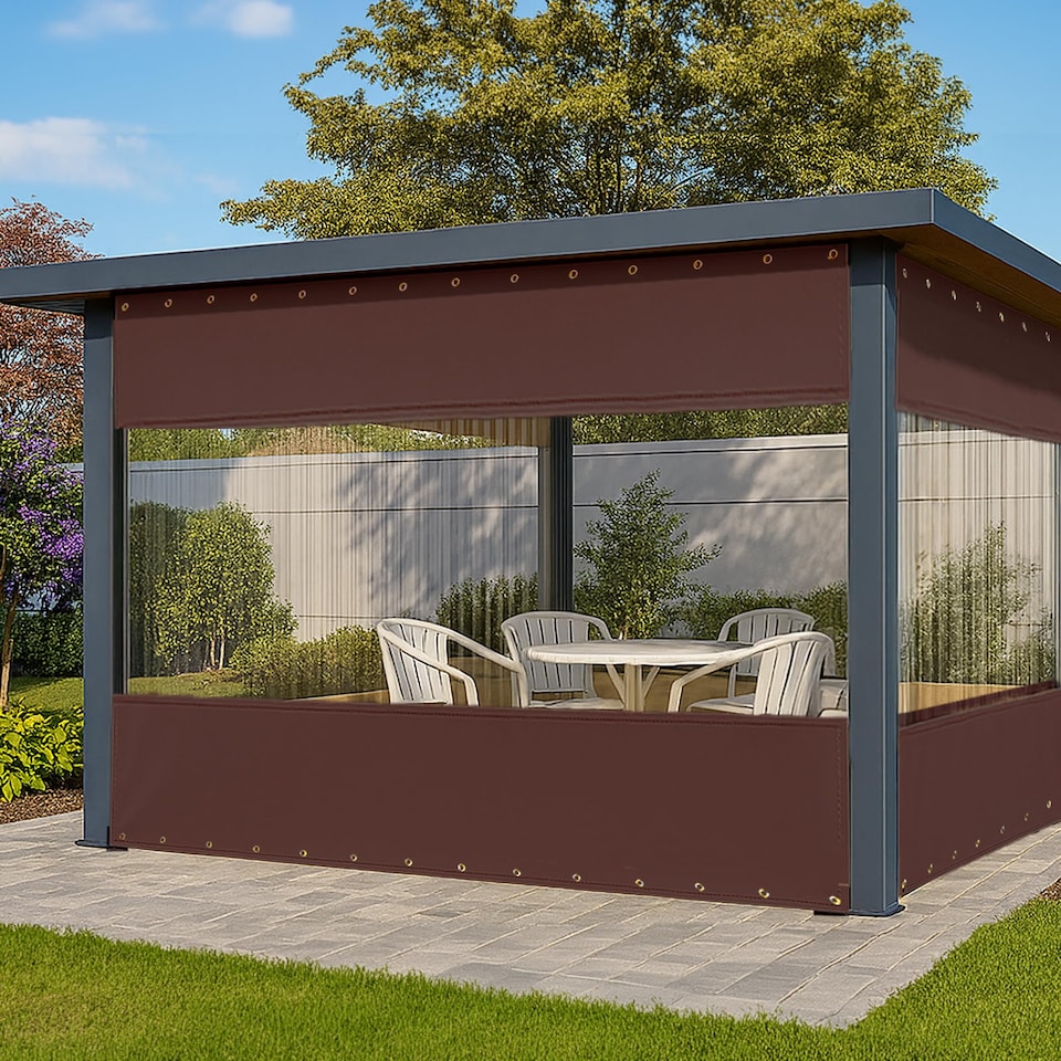 image 1 of Covers&All Outdoor Clear Panel Curtain, Outdoor Curtains for Patio, Waterproof & Weather Resistant Tarp, 8 x 15 ft, Coffee