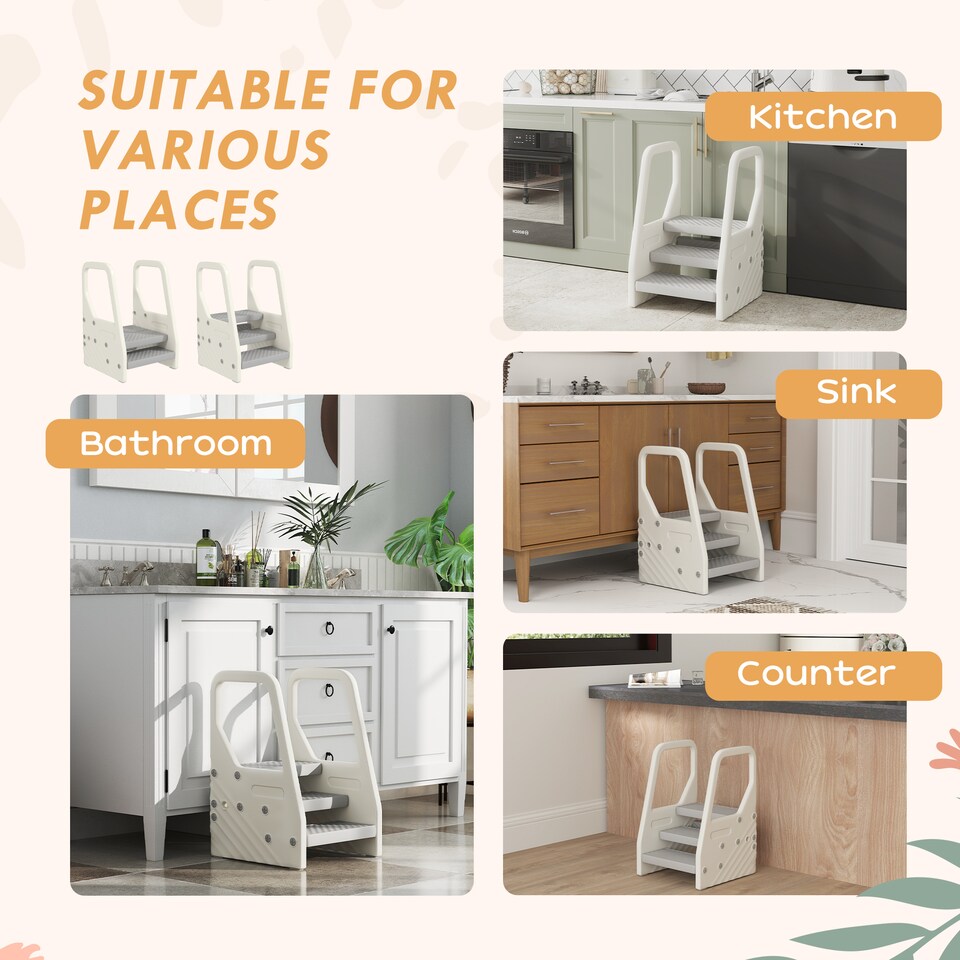 image 1 of AIYAPLAY Toddler Tower, Adjustable 3 Step Kitchen Step Stool Helper with Handles, Non-slip Surface & Foot Pads, for Bathroom, Kitchen, Sink, Toilet Potty Training, for 2-5 Years, Grey