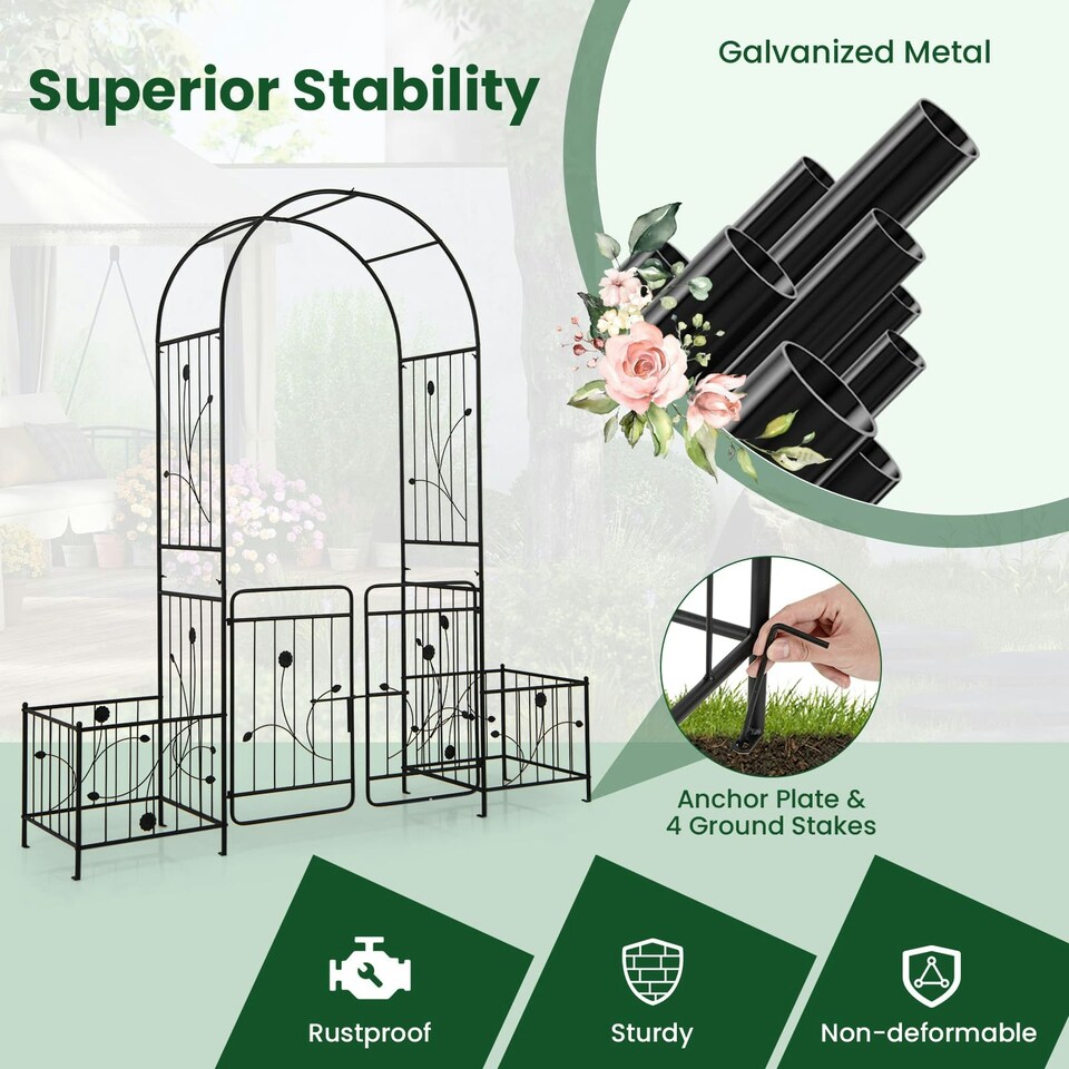 image 1 of COSTWAY Metal Garden Arbor Arch Trellis with 2 Side Planters