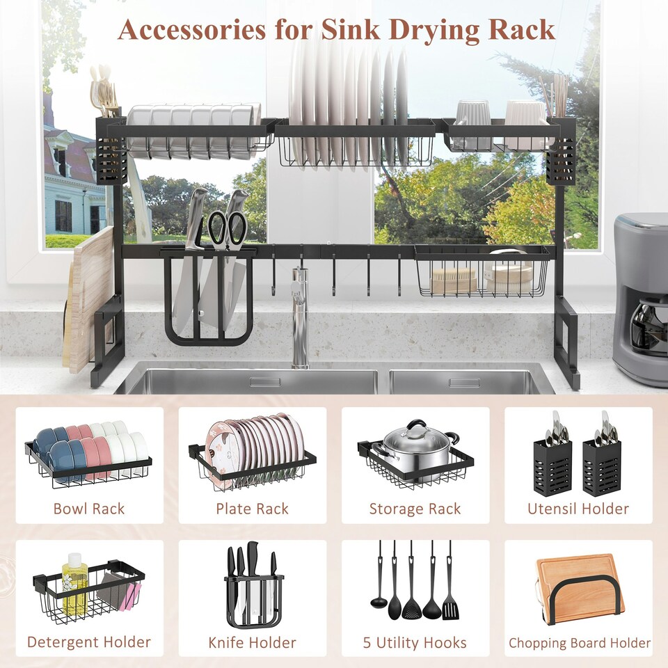 image 1 of HOMCOM Over The Sink Dish Drainer Rack, 2-Tier Dish Rack for Kitchen, Black