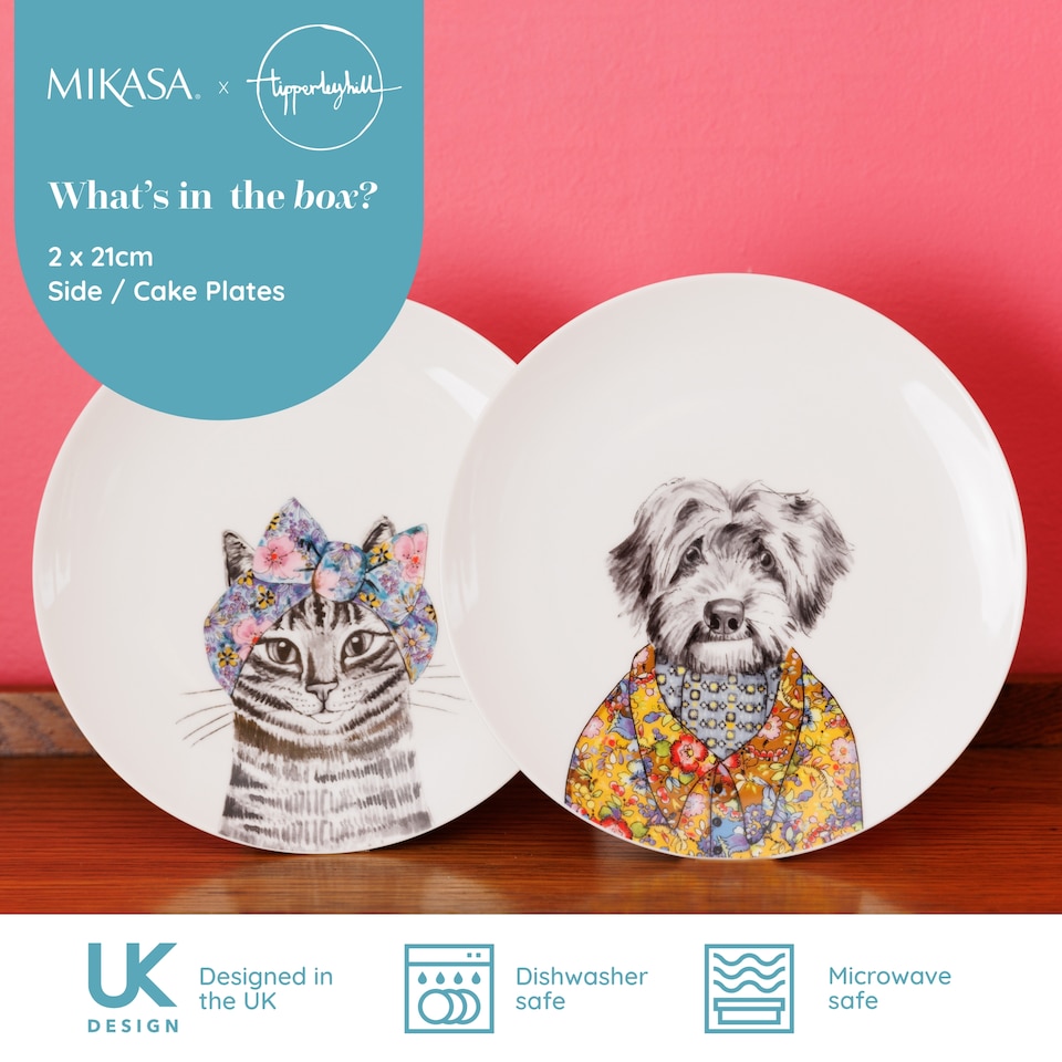 image 1 of Mikasa TipperleyHill Set of 2 Fine China Side Plates with Cat and Dog Prints