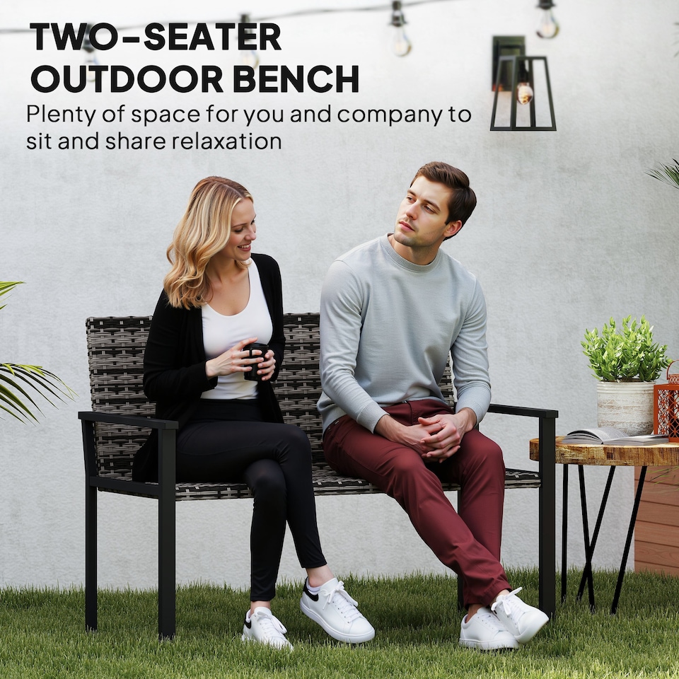 image 1 of Outsunny 2 Seater Rattan Garden Bench, Outdoor Bench with Quick-Drying Cotton Padding, Wicker Garden Loveseat with Armrests, Steel Frame for Patio, Park, Mixed Grey | Grey | Mixed Grey