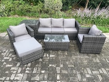 Fimous Rattan Garden Furniture Set with 3 Seater Sofa Coffee Table Side Table 2 Armchairs Footstool Indoor Outdoor Patio Lounge Sofa Set Dark Grey Mixed