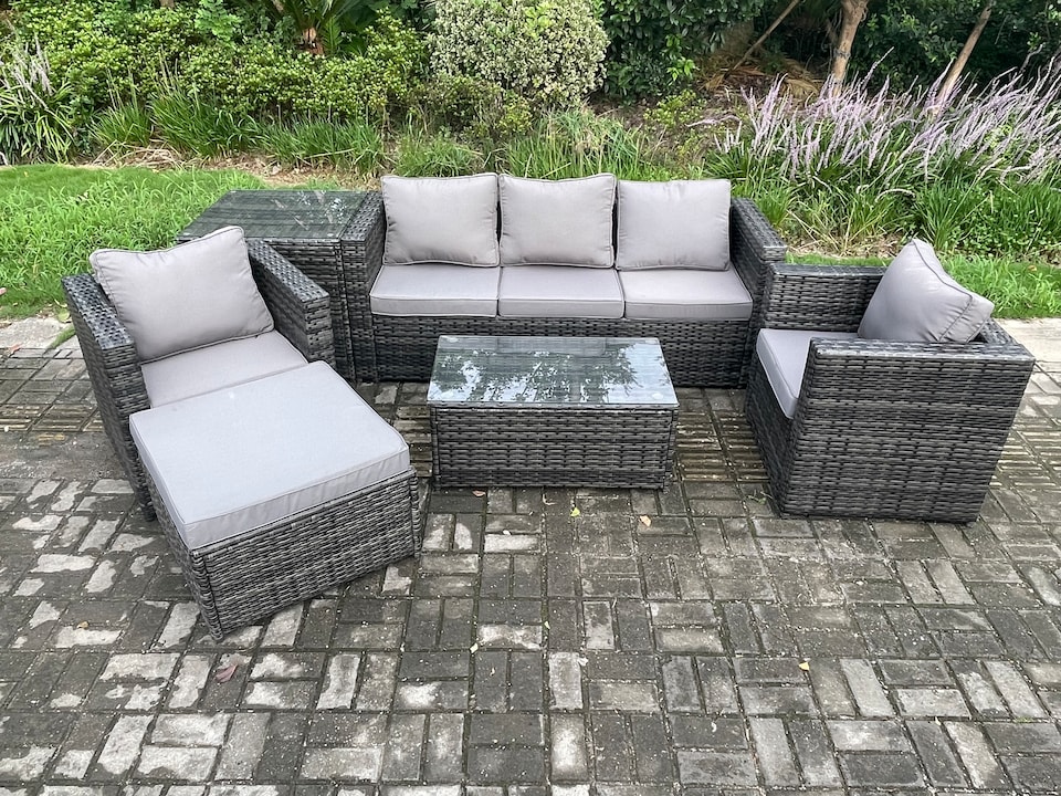 image 1 of Fimous Rattan Garden Furniture Set with 3 Seater Sofa Coffee Table Side Table 2 Armchairs Footstool Indoor Outdoor Patio Lounge Sofa Set Dark Grey Mixed