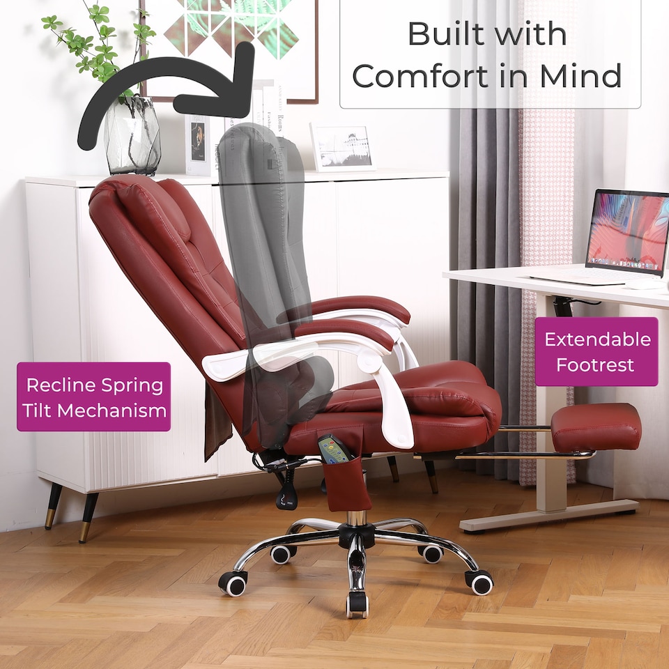 image 1 of Neo Office Chair Brown Faux Leather with Massage Function & Footrest | Red