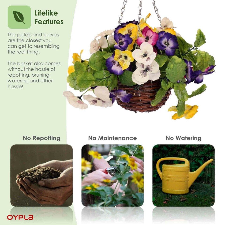 image 1 of Oypla Artificial Garden Hanging Wicker Basket with Multicoloured Pansy Flowers