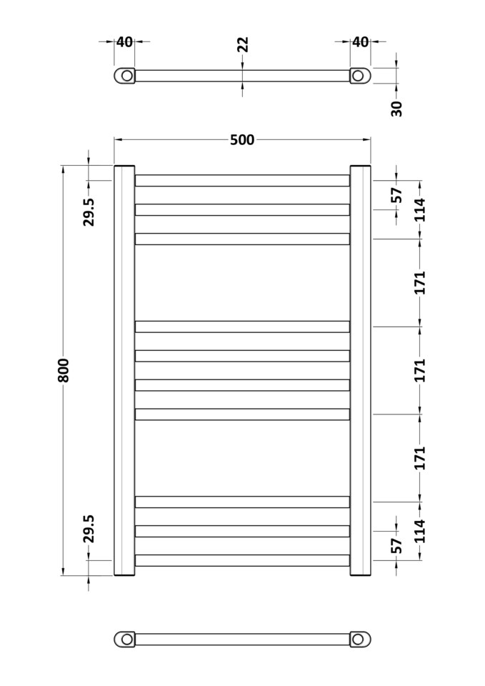 image 1 of Straight Towel Radiator with Round Rails 800mm x 500mm, Brushed Brass
