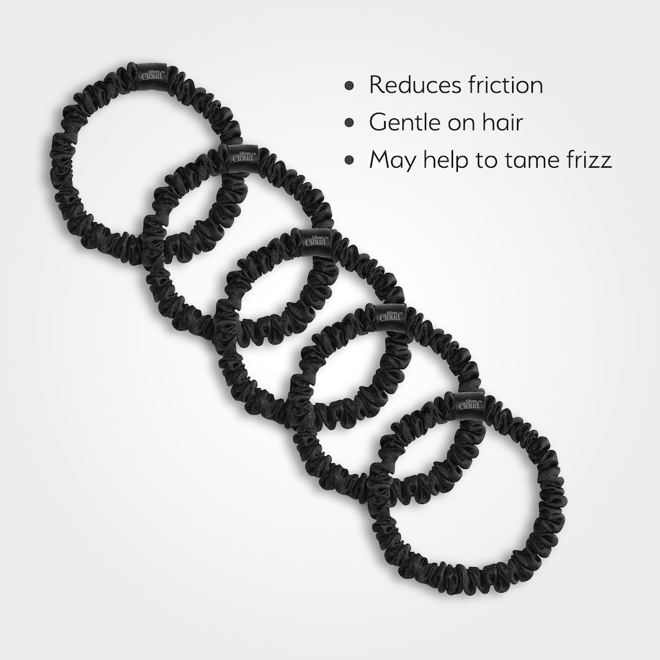 image 1 of Silver Cloud Silver Ion Infused Satin Skinny Scrunchies Black 5 Pack