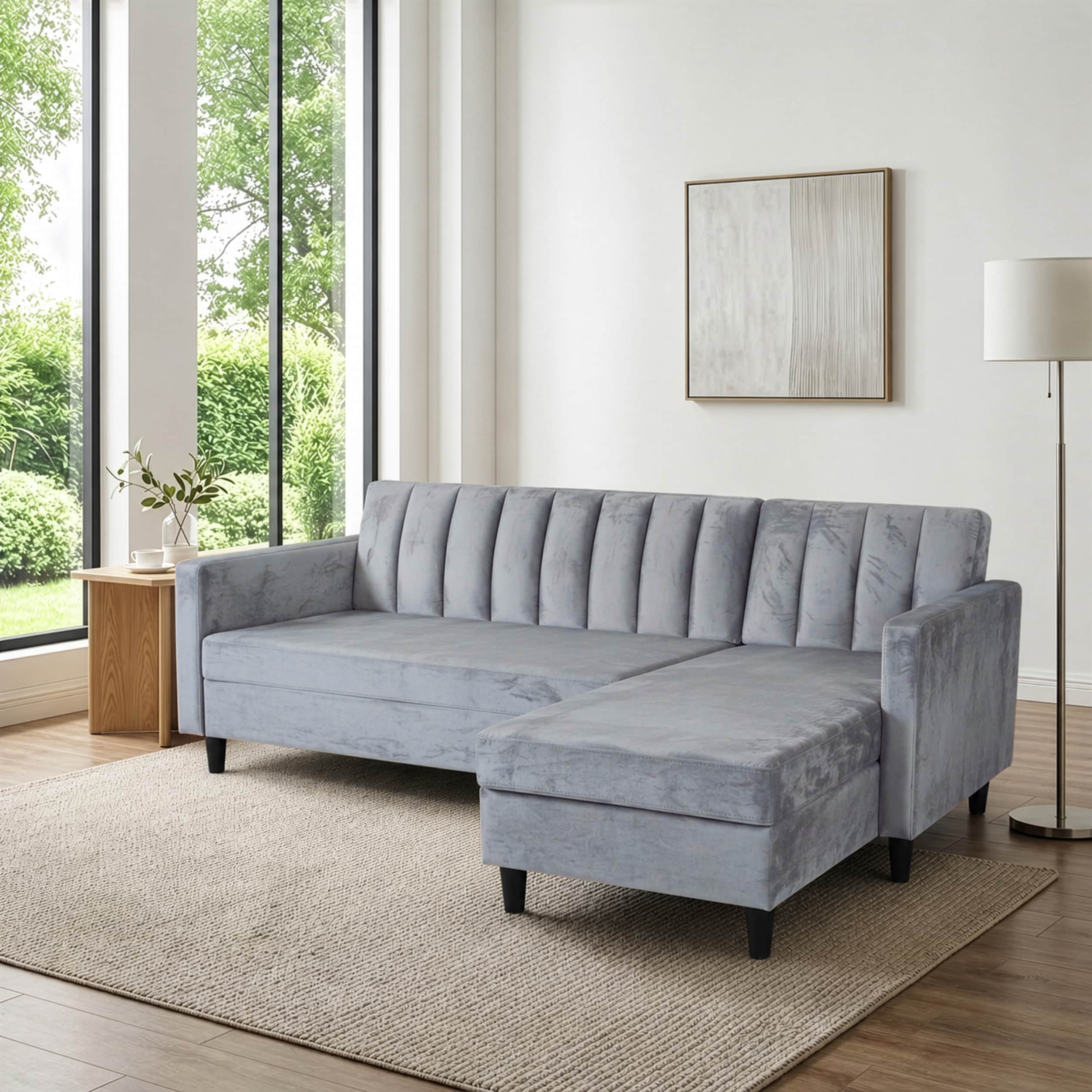 Dorel Home Celine L-Shaped Storage Sofabed, Grey Velvet, Grey