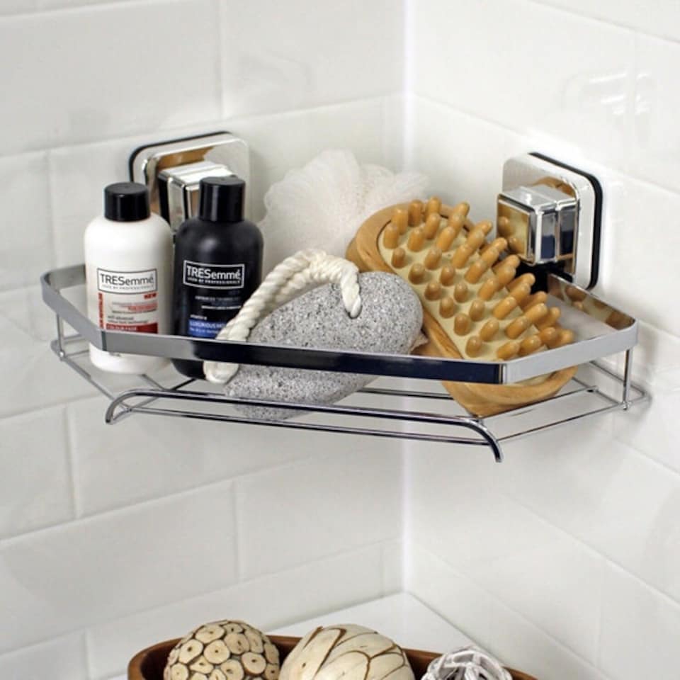 image 1 of Showerdrape Pushloc Stainless Steel Suction Wall Mounted Corner Basket