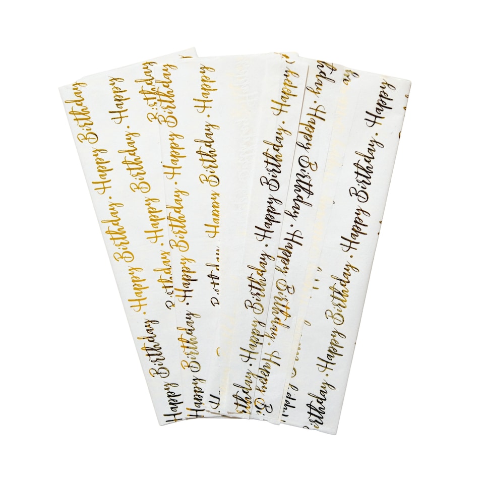 image 1 of Pack of 30 Happy Birthday Script Luxury Gold Metallic Plastic-Free 18gsm Tissue Paper Sheets 50x70cm - Patterned Tissue Paper for Xmas, New Year, Party, Wedding, Birthday Packing Present Gift Box DIY