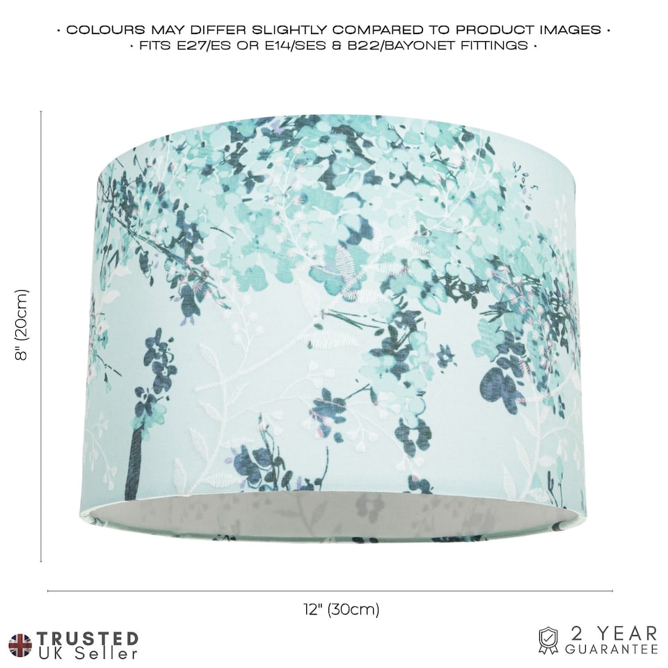 image 1 of Modern Classic Duck Egg and Emerald Green Floral Fabric Shade with Inner Lining | Blue | 12"