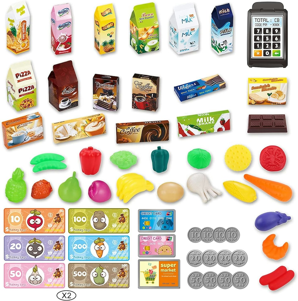 image 1 of Kids Shopping Cart Play Set - 65-Piece Pretend Grocery Kit with POS Machine, Plastic Money & Accessories Easy Assembly for Ages 3+ (Green)