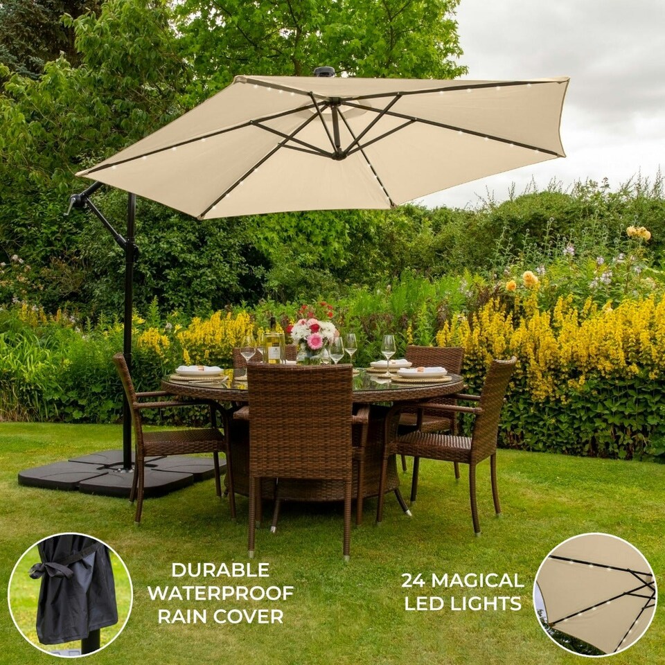 image 1 of Beige 3m LED Cantilever Parasol With Plain Base