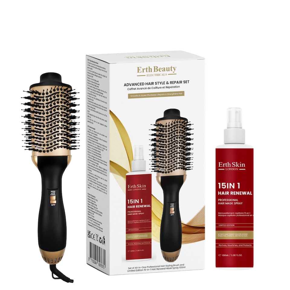 image 1 of Erth Skin London Ultimate Hair Style & Repair Set (All-In-One Professional Hair Brush + 15-In-1 Hair Spray – 100ml)