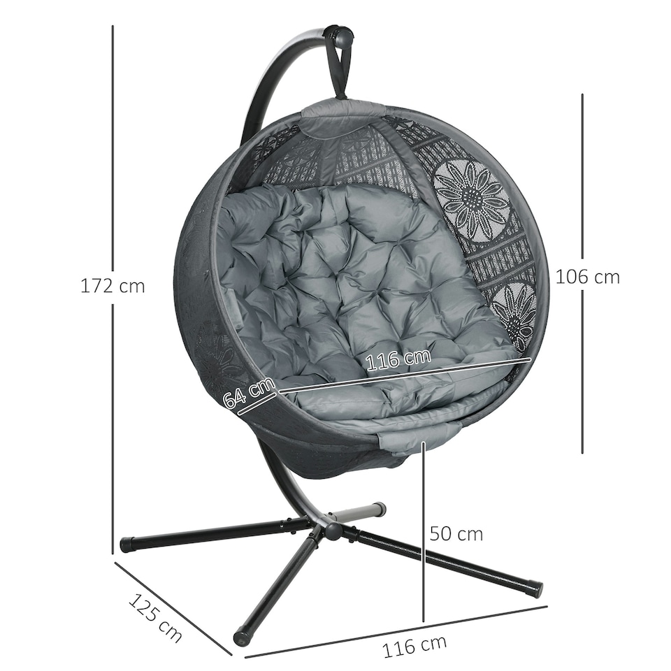 image 1 of Outsunny Hanging Swing Chair w/ Metal Stand & Side Pocket, Sand Grey
