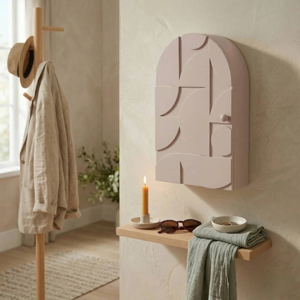 image 1 of Wall Mounted Key Cabinet Holder Box Wooden Storage With Hooks Organizer | Pink | Pink | 1