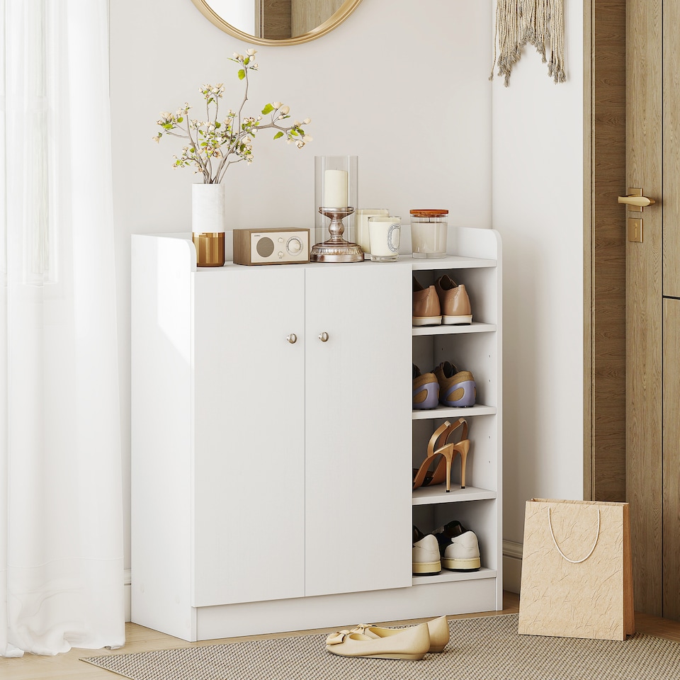 image 1 of HOMCOM Shoe Storage Cabinet Two Doors w  Adjustable 4 Shelves Cupboard Footwear Rack Stand Organiser Hallway White
