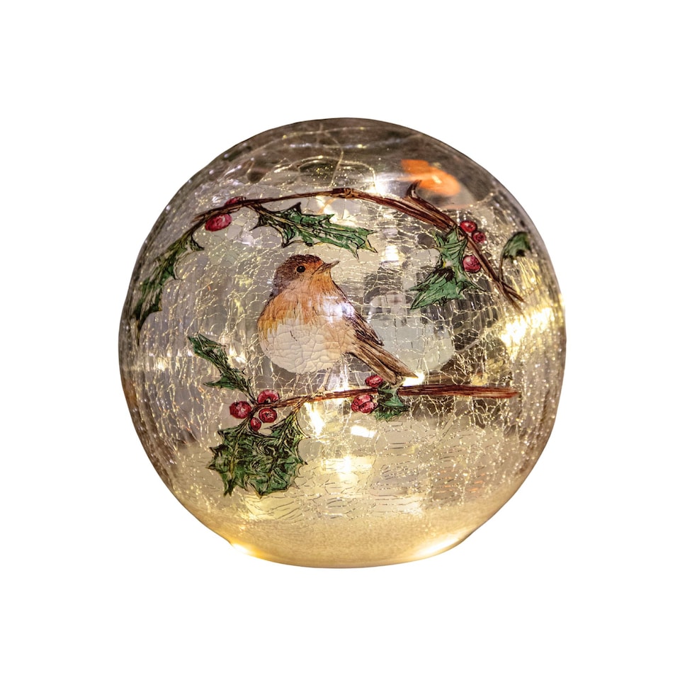 image 1 of 15cm Battery Operated Light up Robin Crackle Glass Ball with 12 Warm White LEDs