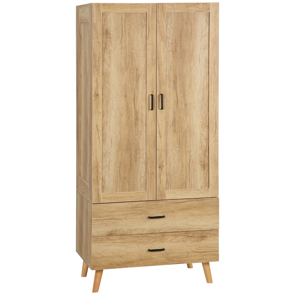 image 1 of HOMCOM 2 Door Wardrobe, Modern Deep Wardrobe with 2 Drawers and Hanging Rail for Bedroom, Flats, 80 x 54 x 180 cm, Natural