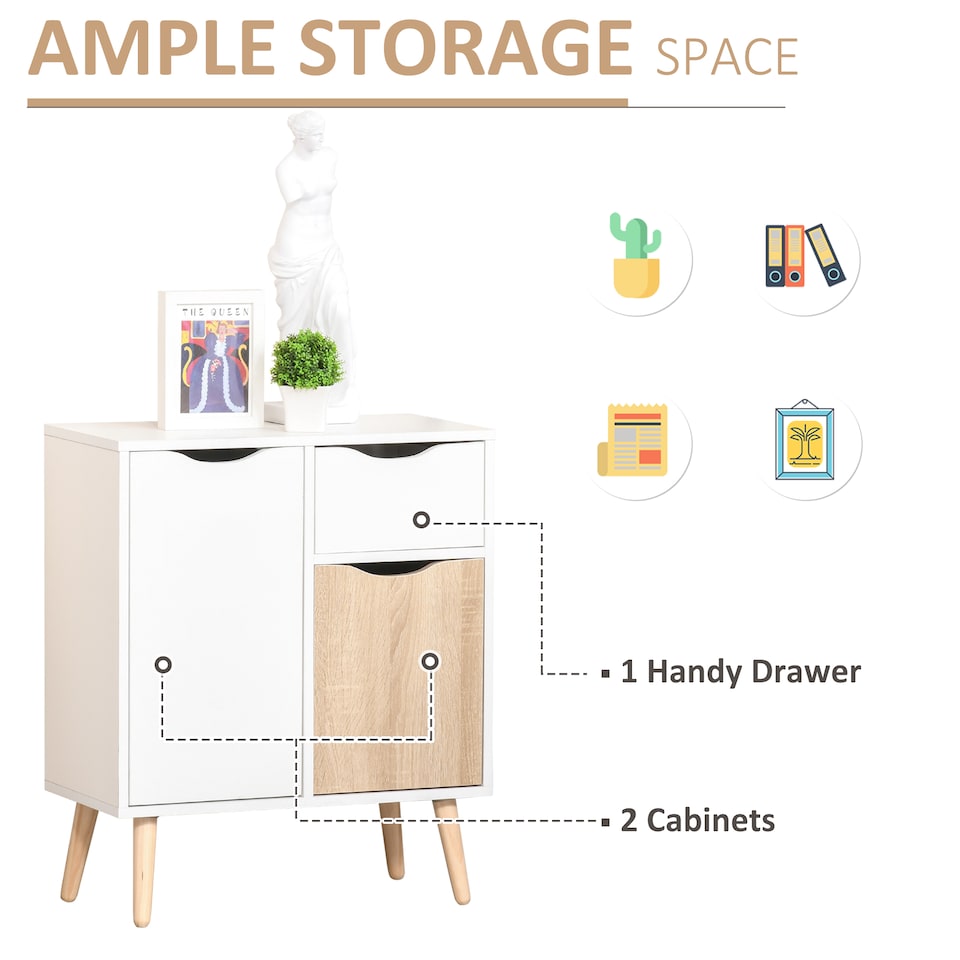 image 1 of HOMCOM Sideboard Floor Cabinet Storage Cupboard with Drawer and Solid Wood Legs for Bedroom, Living Room, Entryway, Brown