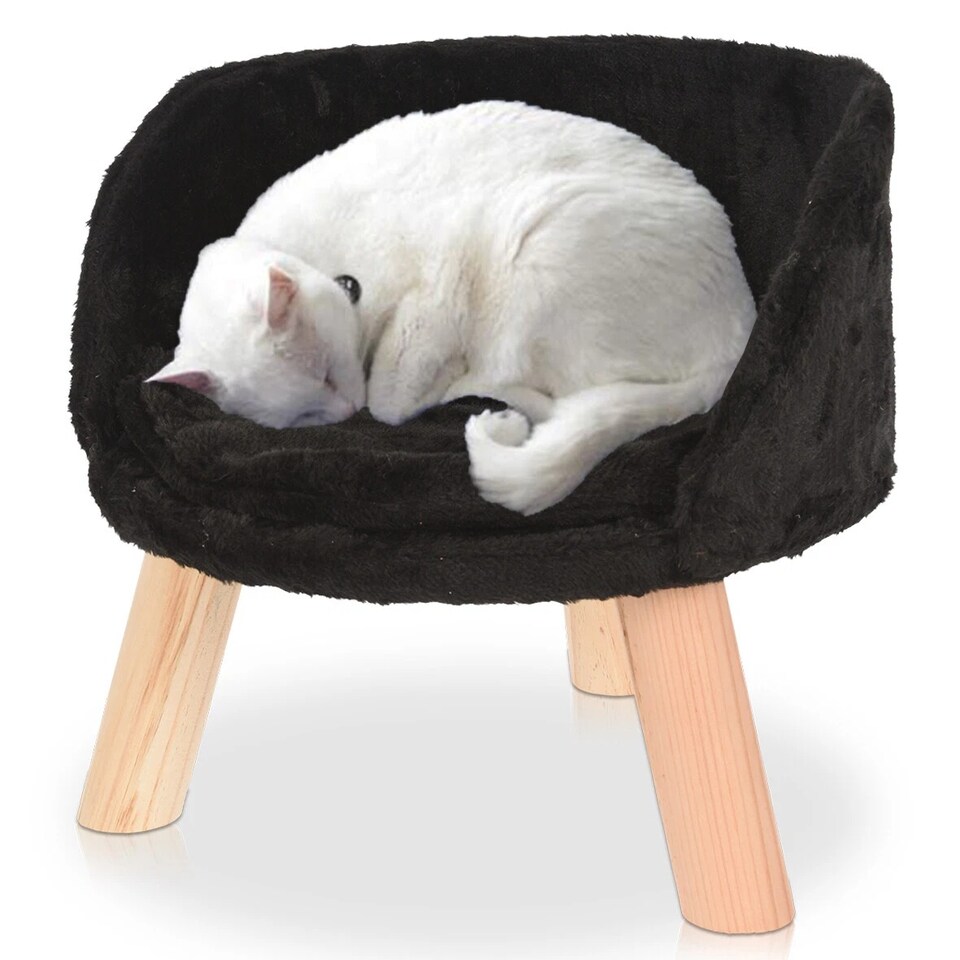 image 1 of Round Luxury Pet Stool Sofa Chair Bed Velvet Sleeping Rest Seat on 3 Wooden Legs | Black | Black