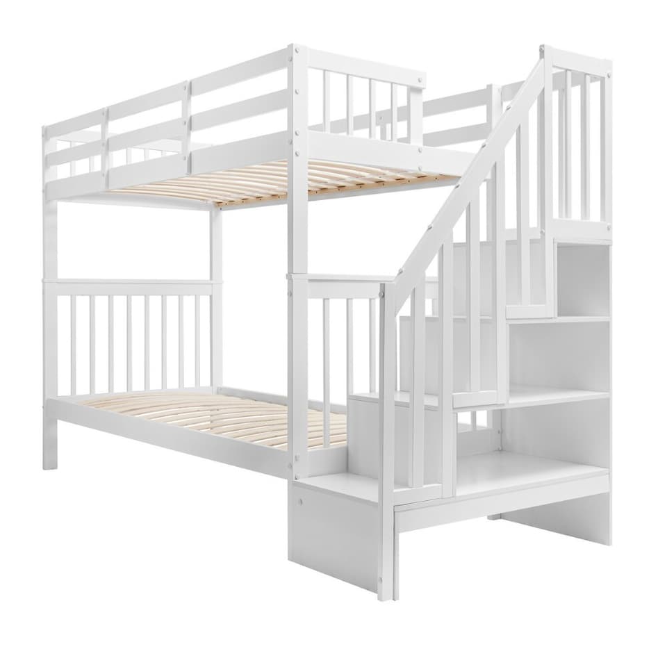 image 1 of Ulla Staircase Bunk Bed with Storage Staircase in Classic White