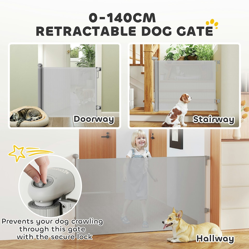 image 1 of PawHut Retractable Stair Gate, Dog Gate Extends Up to 140 cm Wide, Grey