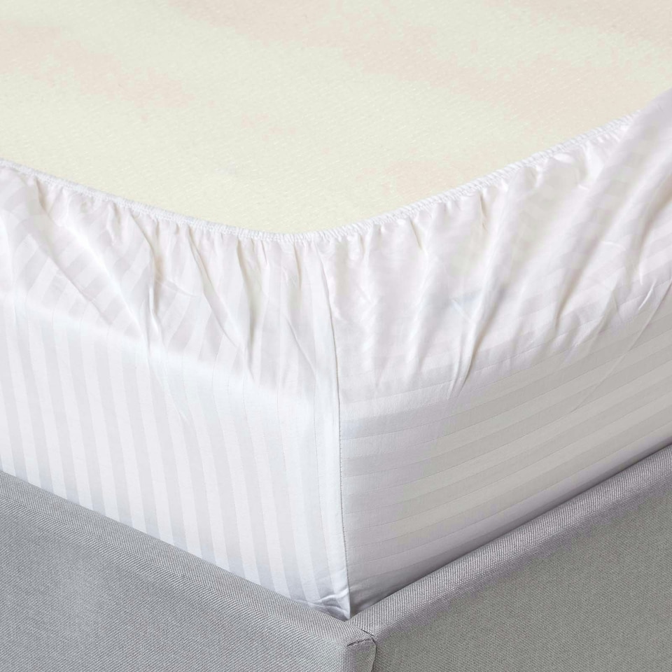 image 1 of Homescapes White Egyptian Cotton Satin Stripe Fitted Sheet 330 TC, Double | White | Double