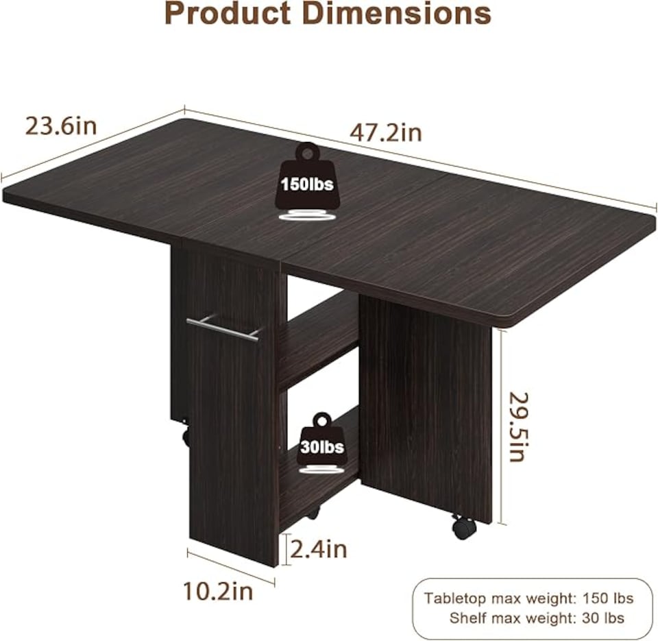 image 1 of London Boutique Dark Walnut Drop Leaf Folding Dining Table, Mobile Kitchen Island with Lockable Wheels & Storage Shelves