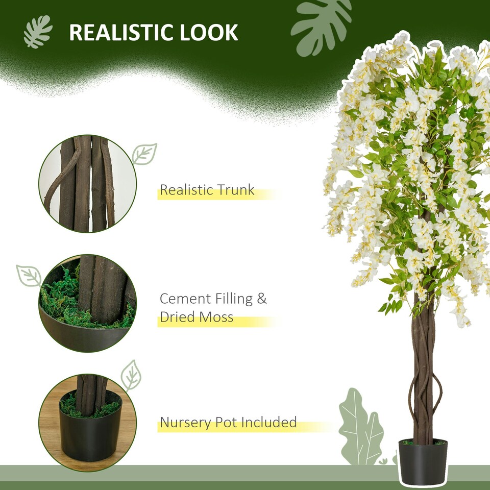image 1 of HOMCOM Artificial Realistic White Wisteria Tree Faux Plant for Indoor Décor
