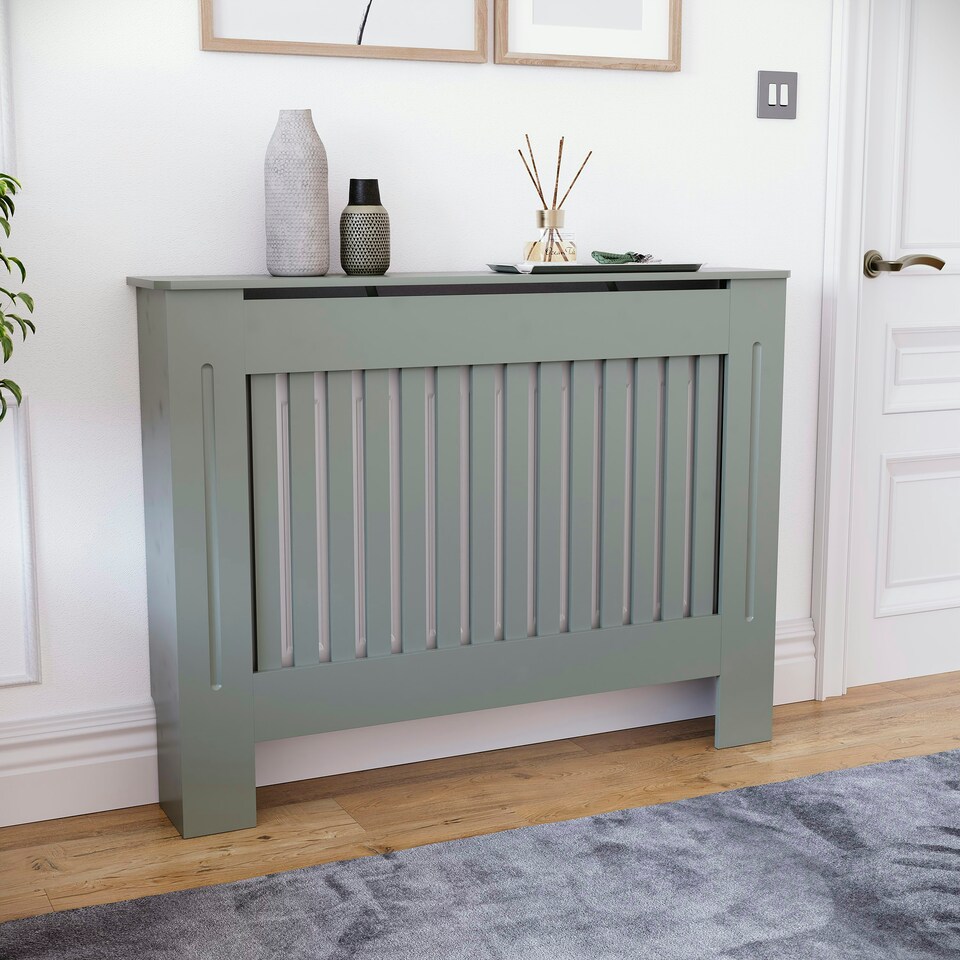 image 1 of Vida Designs Chelsea Radiator Cover Painted MDF Slatted Cabinet, Grey, 112cm
