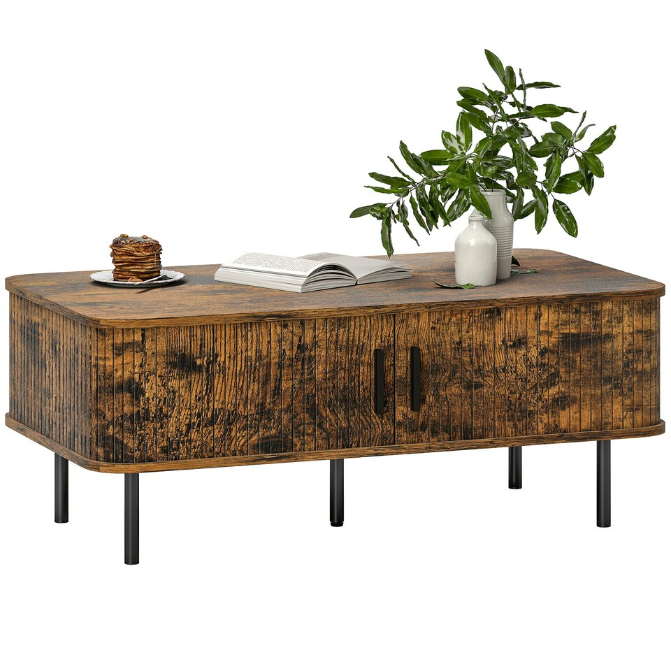 image 1 of HOMCOM Coffee Table with Storage and Sliding Doors for Living Room Brown