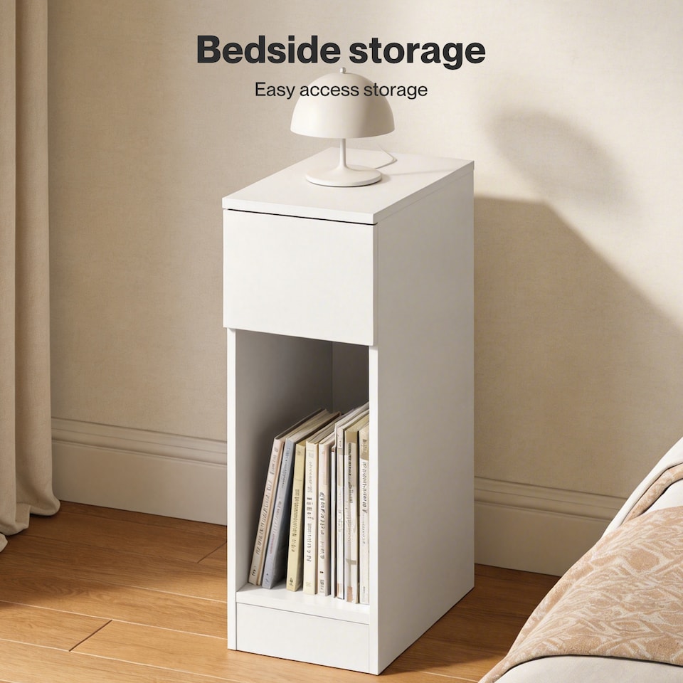 image 1 of Levede Bedside Table Cabinet  Narrow Slim Side Cabinet White Drawer Open Shelf