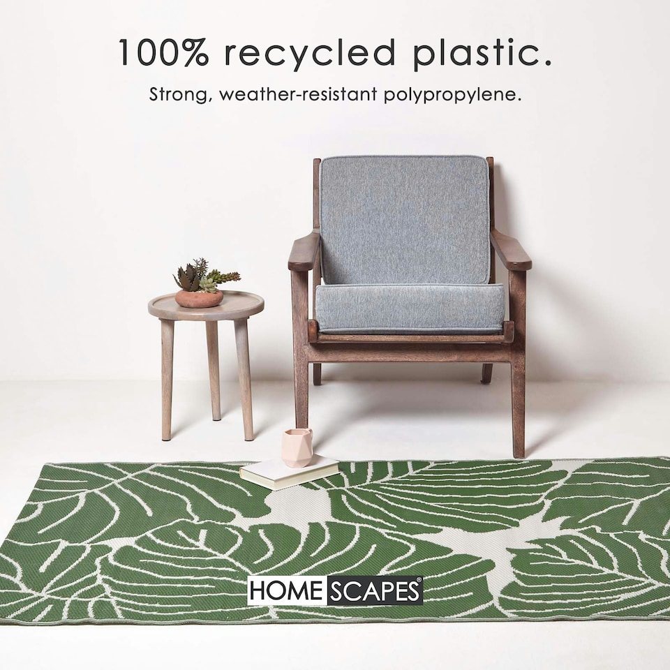 image 1 of Homescapes Outdoor Rug Luxury Waterproof Reversible Recycled, For Garden, Ada Botanical Green | 150 x 240 cm