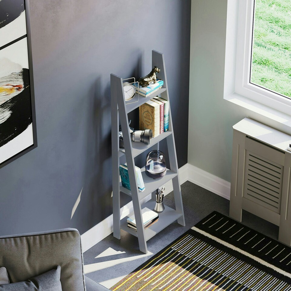 image 1 of Vida Designs Bristol 4 Tier Step Ladder Bookcase Display Storage, Grey