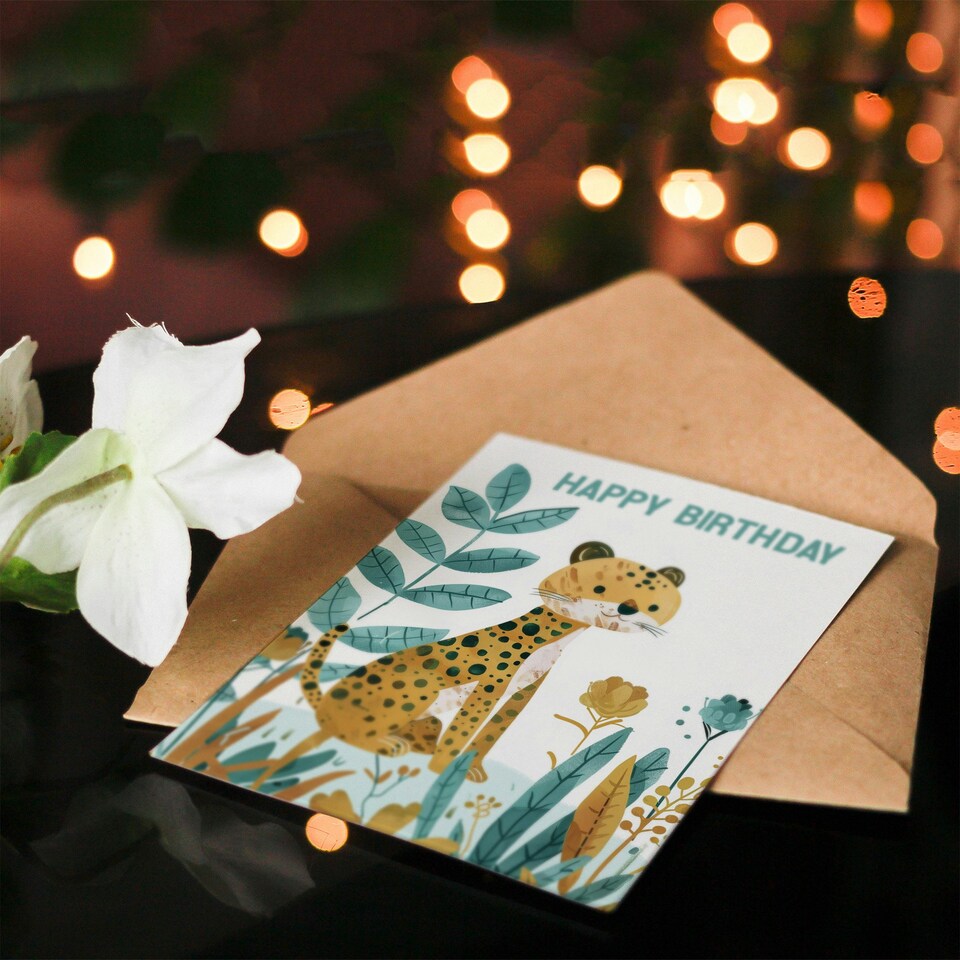 image 1 of Cute Jungle Plants Fun Kids Girl Boy Cheetah Child Kids Birthday Card