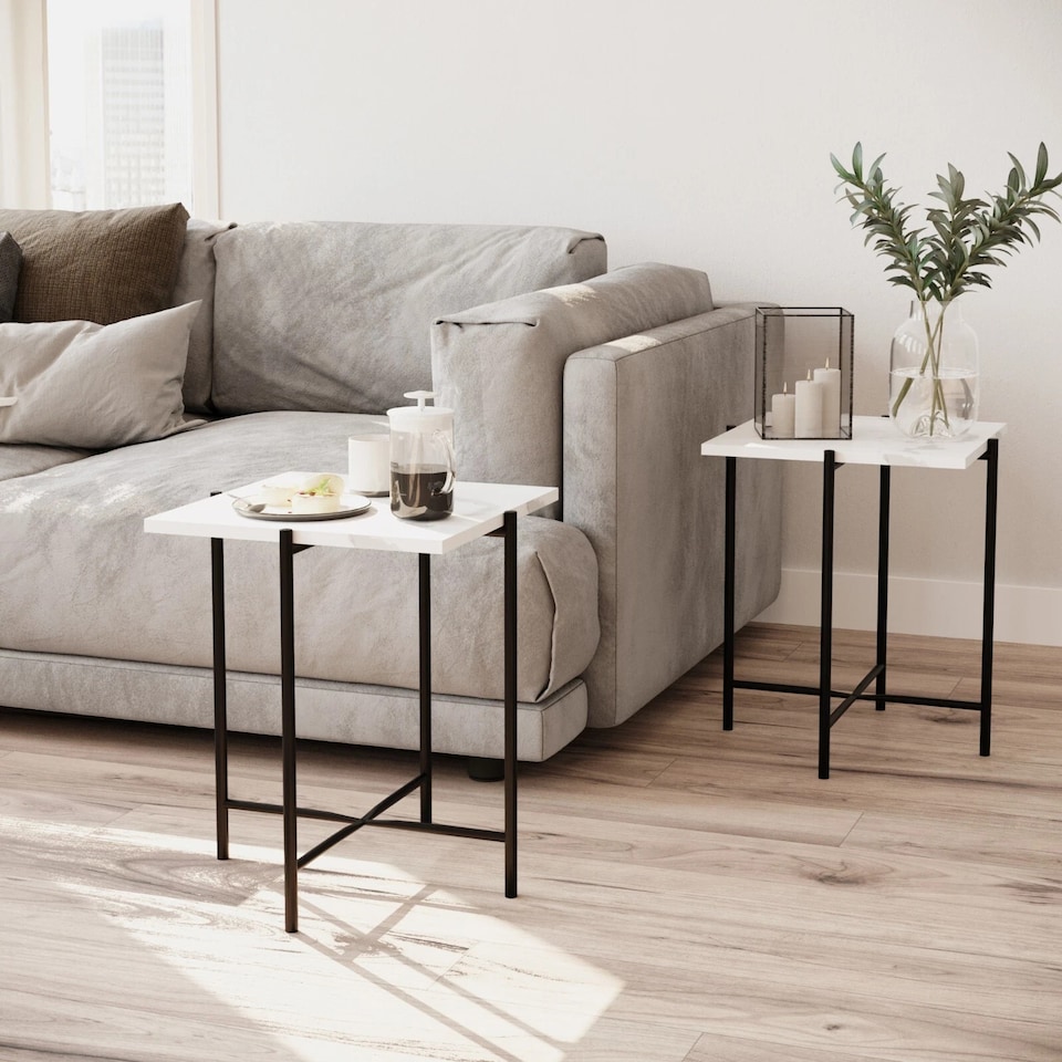 image 1 of Set of 2 Pcs Marble Effect Tops Square Round Side End Coffee Table Metal Frame | White | White Square | 1