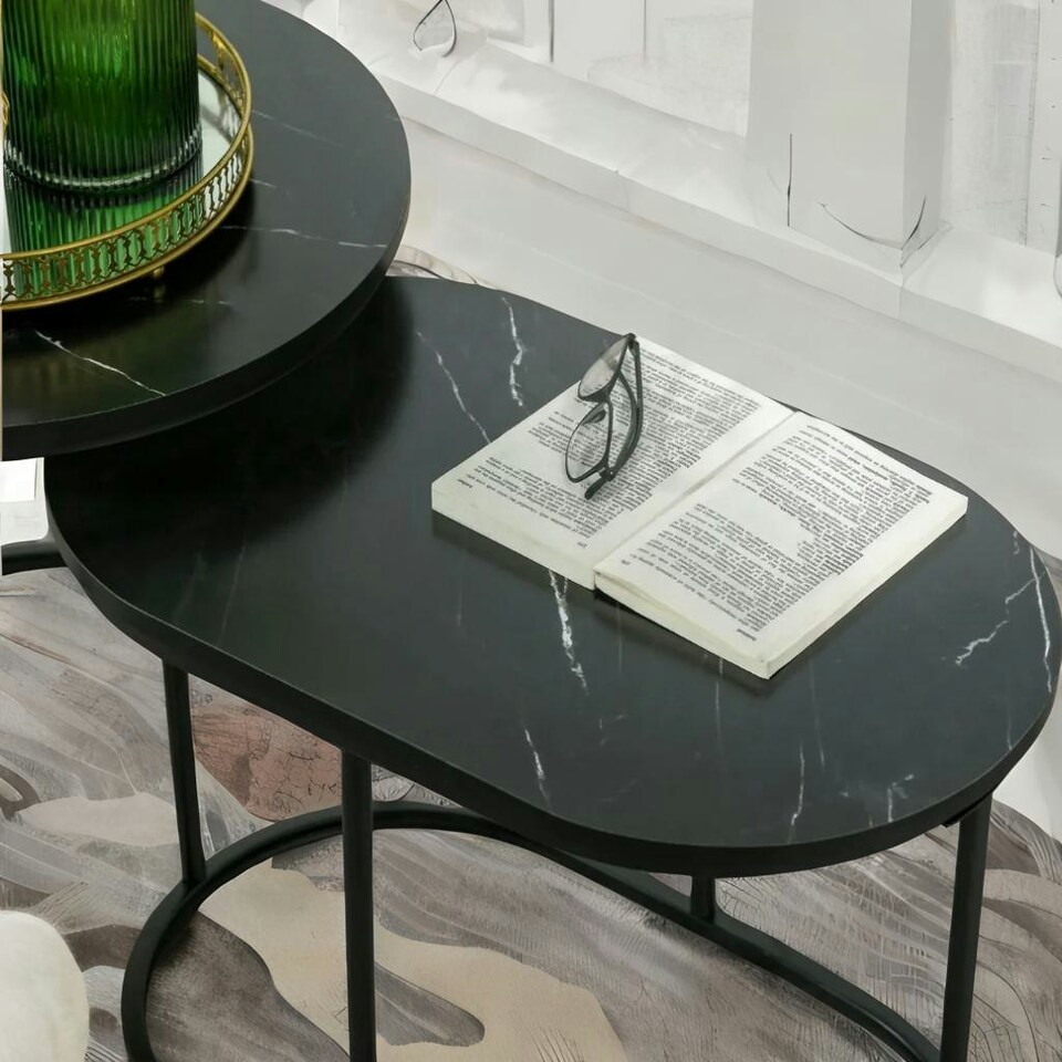 image 1 of 2PC Nesting Tables With Faux Marble Tabletop Black Black
