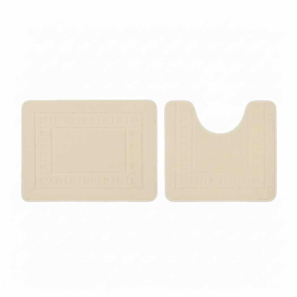 image 1 of 2 Piece Box Design Bath Mat Set Soft Absorbent Non-Slip Bathroom Mats | Cream