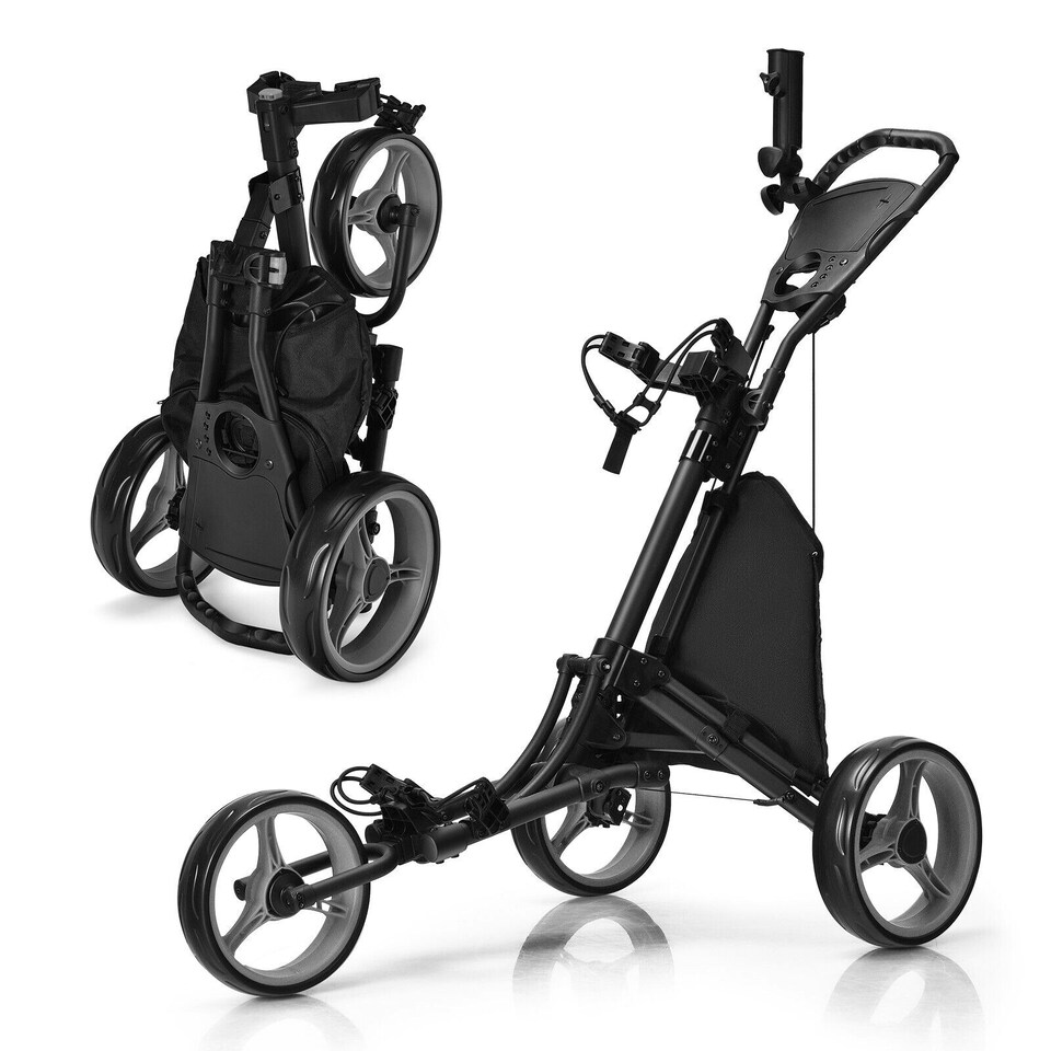 image 1 of COSTWAY 3 Wheel Golf Push Cart Folding Golf Holder Grey