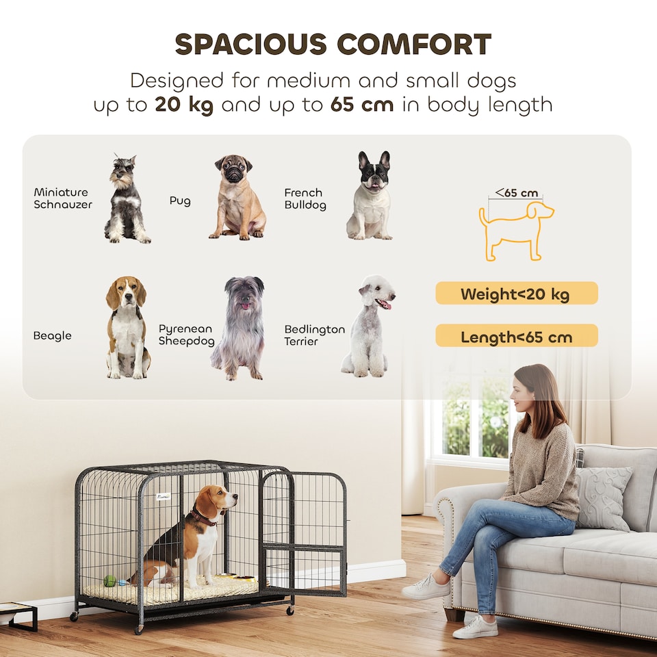 image 1 of PawHut Heavy Duty Dog Crate, Large Dog Cage with Wheels and Tray
