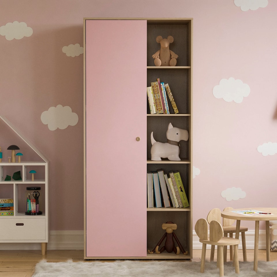 image 1 of Junior Vida Neptune 1 Door Wardrobe 5 Shelves & Clothes Rail, Pink & Oak